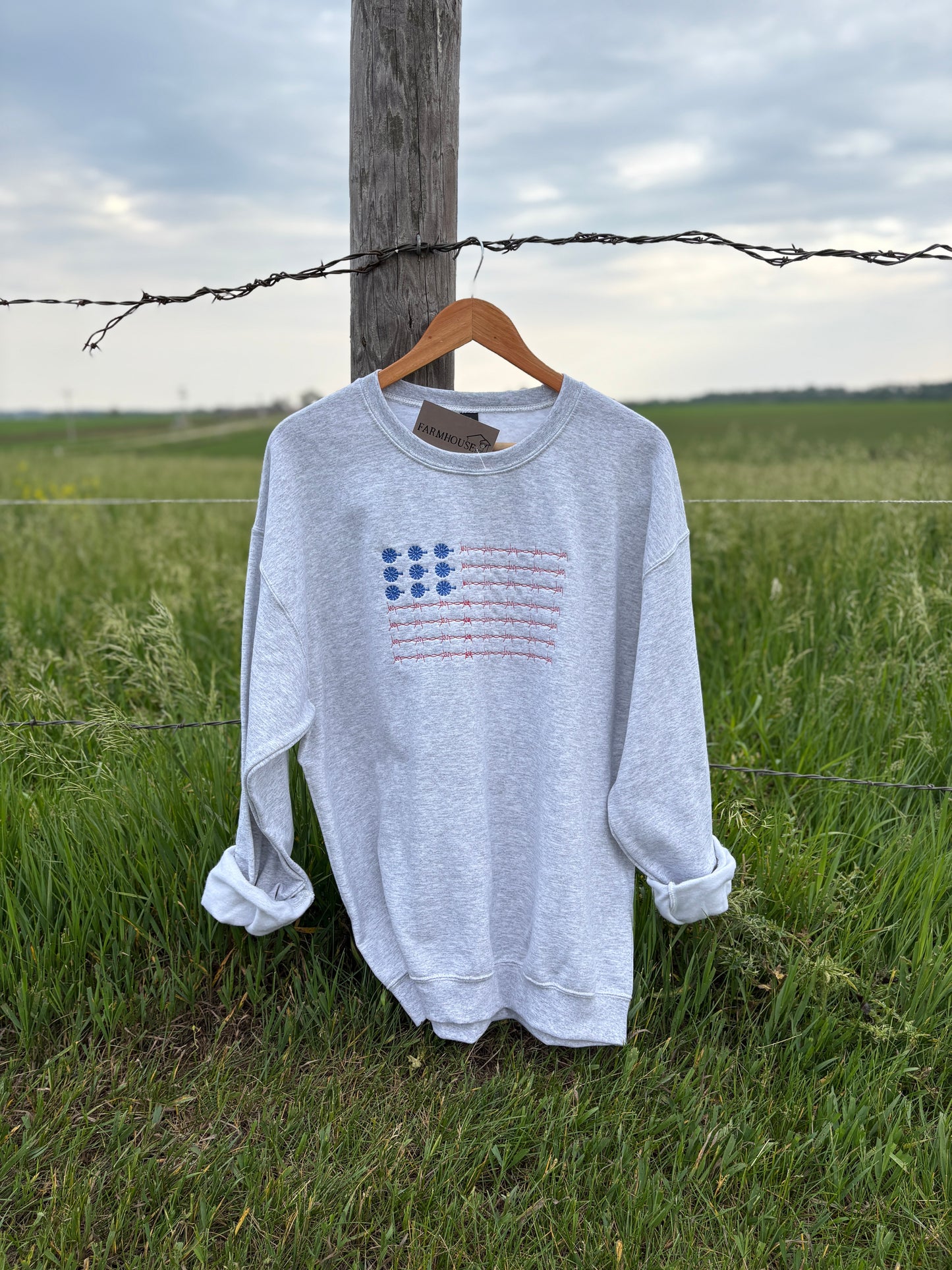 Barbwire and Windmill Flag Embroidered Crewneck- ash grey