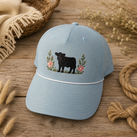 Light blue cap with embroidered black cow and flowers