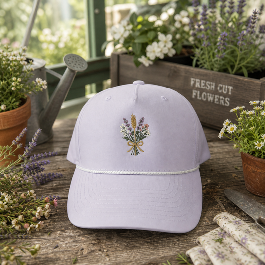 lavender cap with floral embroidery