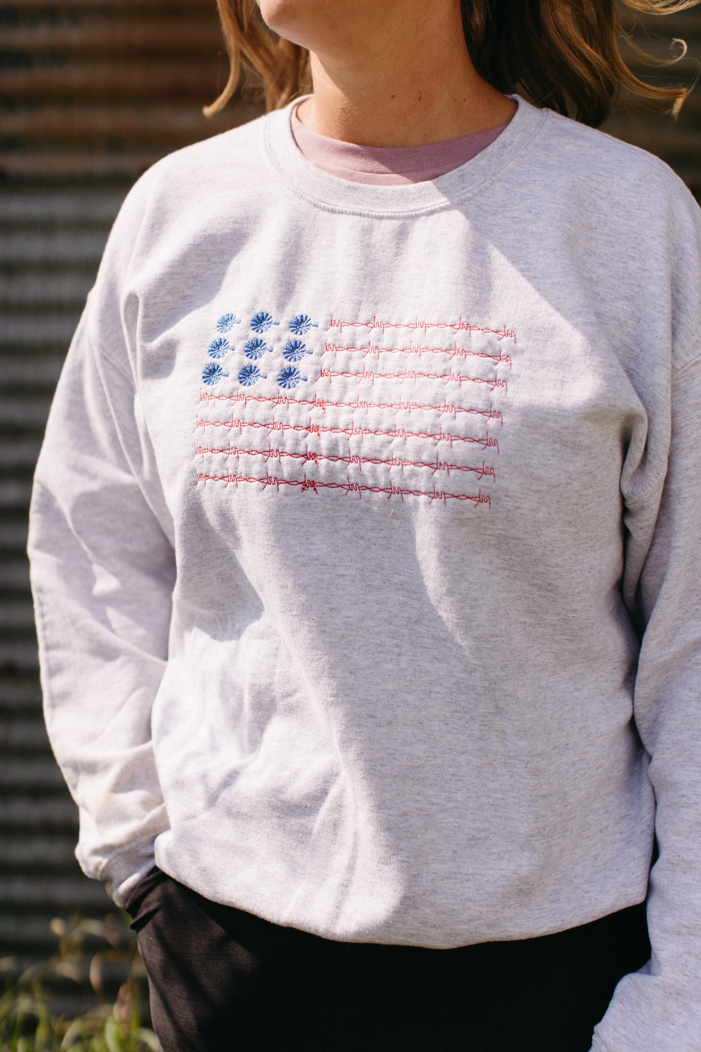 Barbwire and Windmill Flag Embroidered Crewneck- ash grey