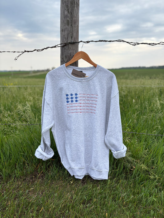 Barbwire and Windmill Flag Embroidered Crewneck- light grey