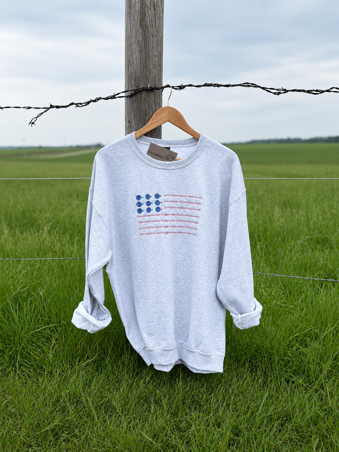 Barbwire and Windmill Flag Embroidered Crewneck- (shown is ash grey)
