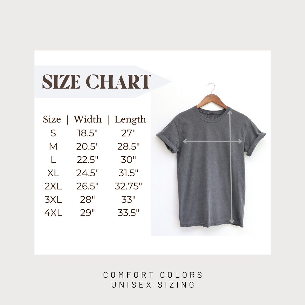 Size chart for a gray t-shirt with dimensions on a white background