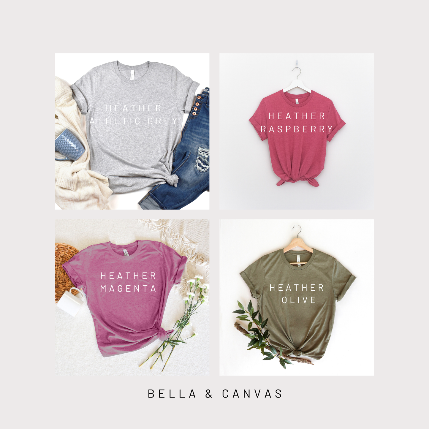 Four Bella & Canvas t-shirts in different colors with text labels on a white background.