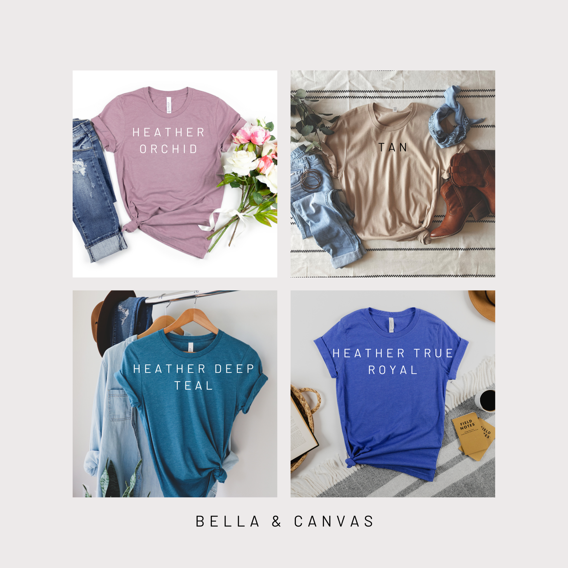 Collage of Bella & Canvas t-shirts in various colors with text labels.