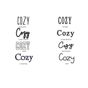 Various fonts and styles of the word 'cozy' displayed on a white background.