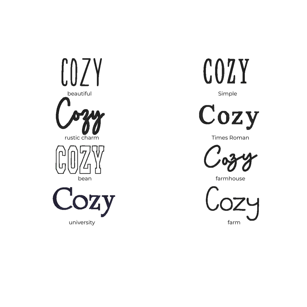 Various fonts and styles of the word 'cozy' displayed on a white background.
