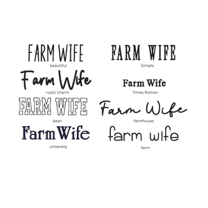 Collection of 'Farm Wife' text variations on a white background