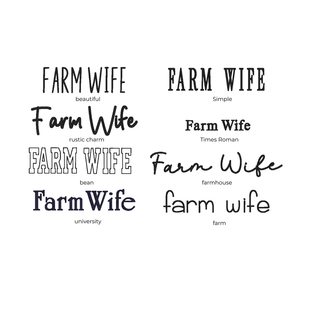 Collection of 'Farm Wife' text variations on a white background