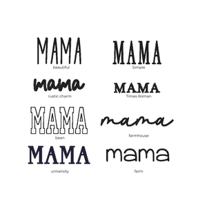 Various fonts and styles of the word 'MAMA' displayed on a white background.