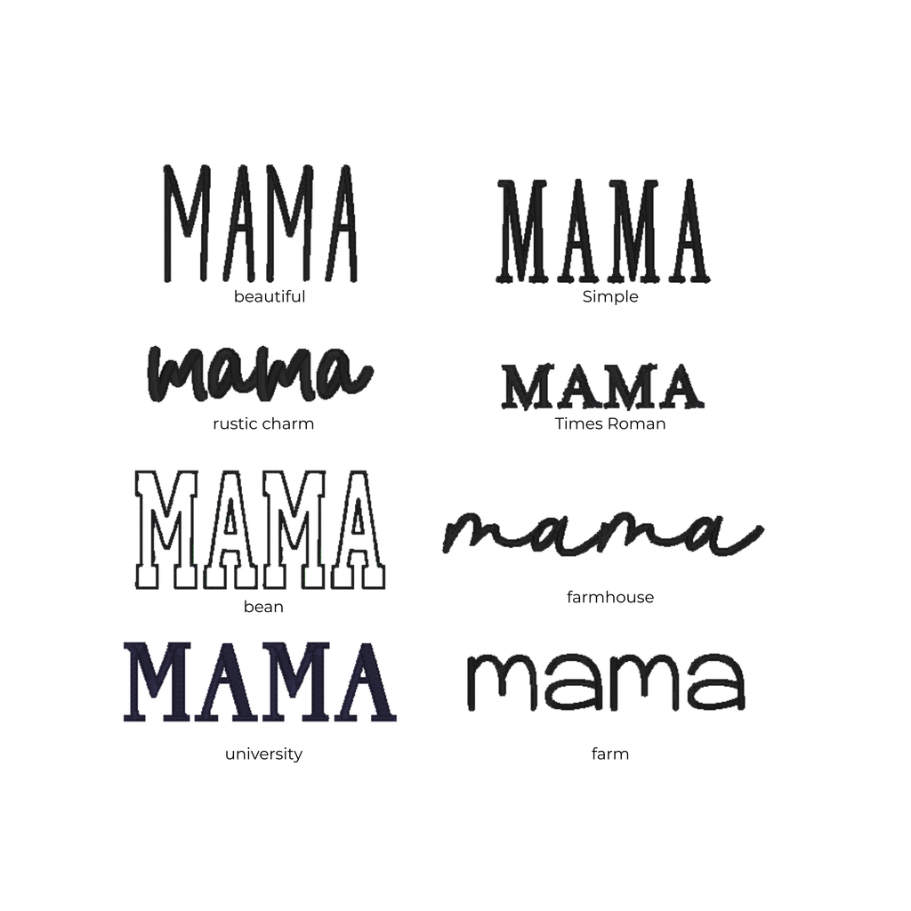 Various fonts and styles of the word 'MAMA' displayed on a white background.