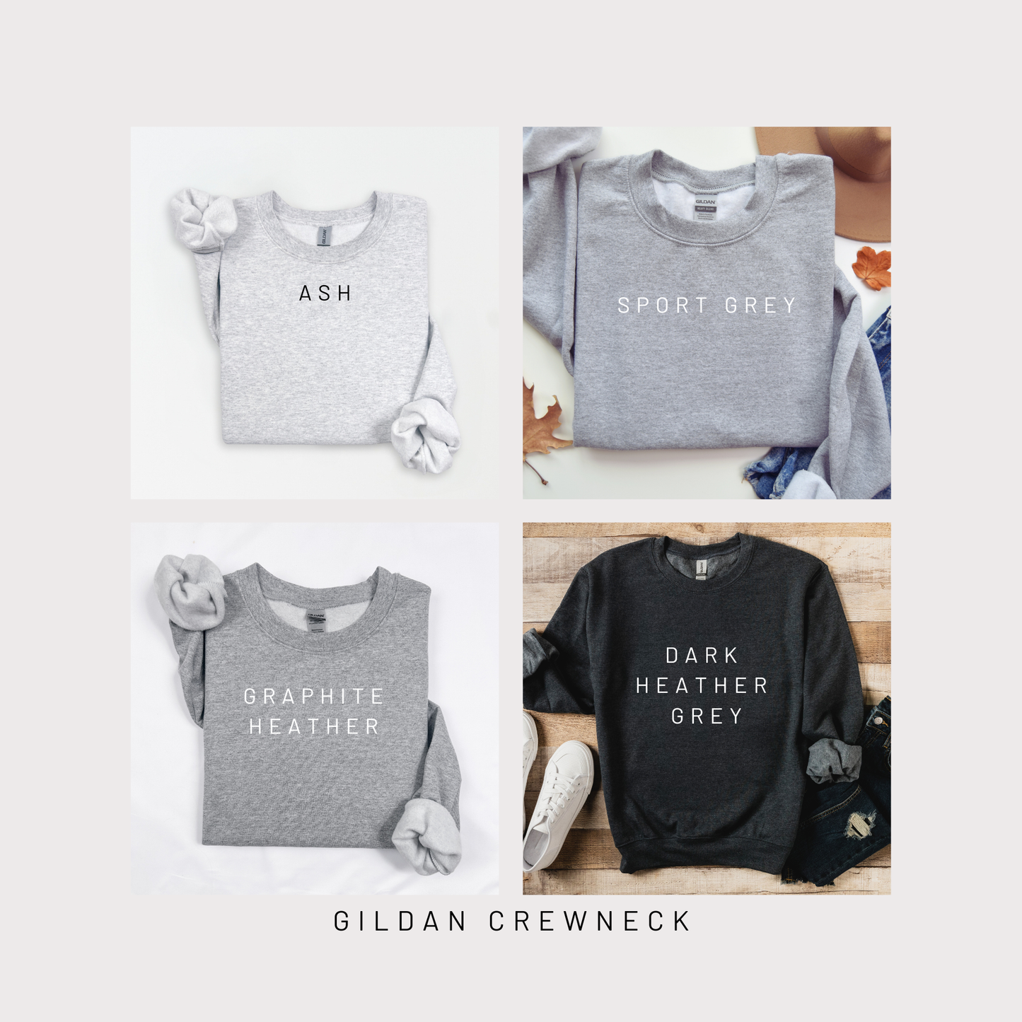Four gray sweatshirts with different color labels on a white background
