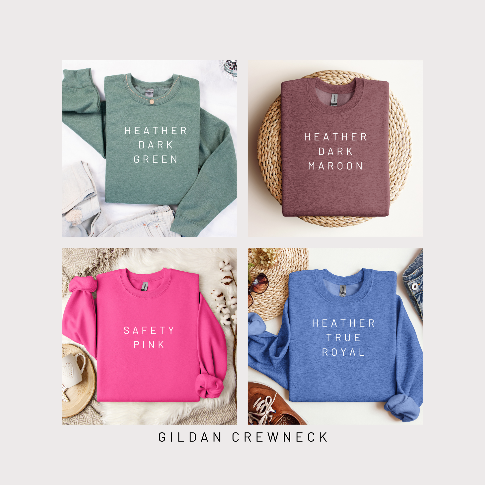 Four Gildan crewneck sweaters in different colors with text labels on a white background.