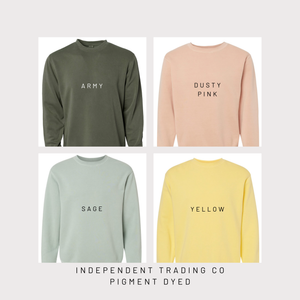 Four sweatshirts in different colors with text labels on a light gray background.