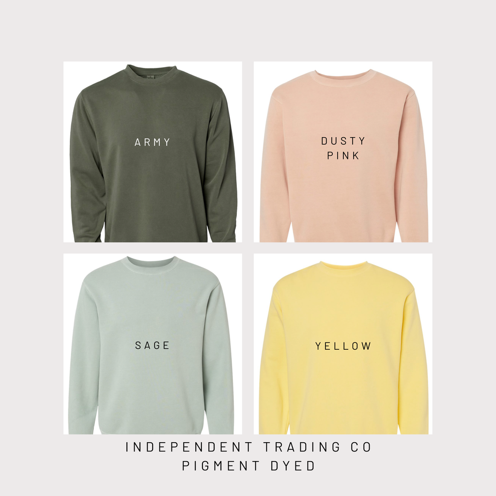 Four sweatshirts in different colors with text labels on a light gray background.
