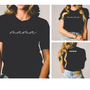 Black t-shirt with 'mama' text on front and hearts on back, worn by a person.
