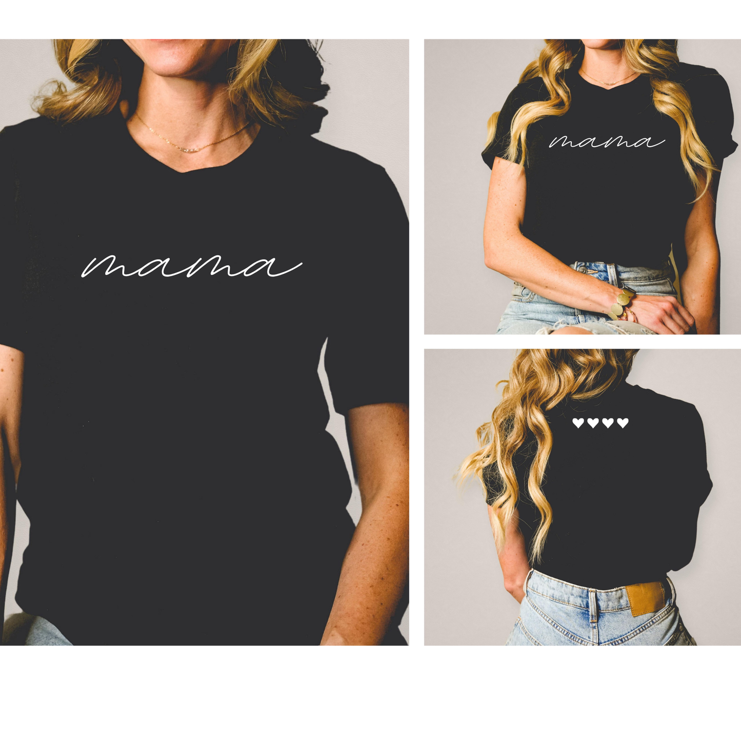 Black t-shirt with 'mama' text on front and hearts on back, worn by a person.