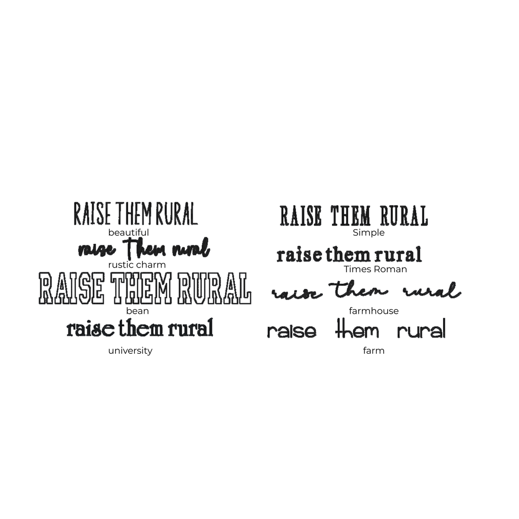 Text variations of 'Raise them rural' in different fonts and styles on a white background