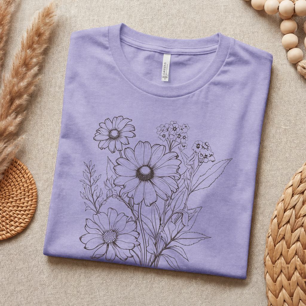 Folded purple t-shirt with floral design on a beige surface with natural elements.