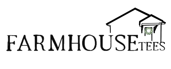Logo for 'Farmhouse Tees' with a stylized house on a white background