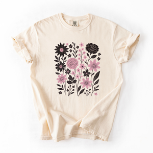 Beige t-shirt with floral design on a white background