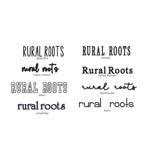 Collection of 'Rural Roots' text variations on a white background