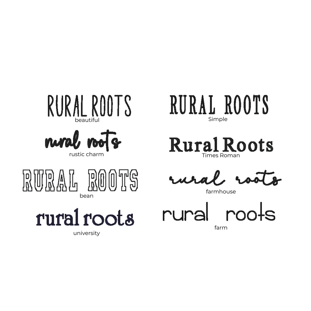 Collection of 'Rural Roots' text variations on a white background