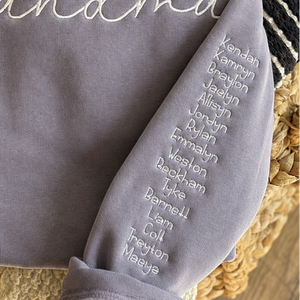 purple sweatshirt with 'grandma' and names 