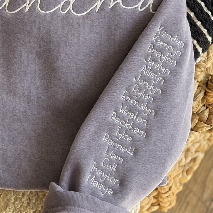 purple sweatshirt with 'grandma' and names 