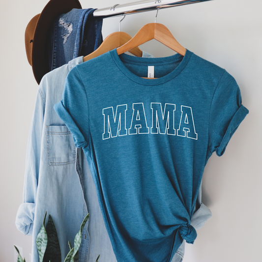 A blue crewneck sweatshirt with the word 'MAMA' printed on the front in white, displayed on a hanger.