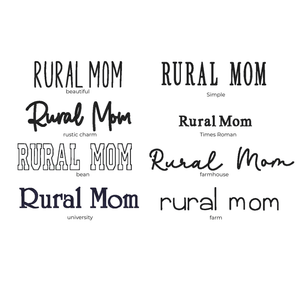 Various fonts and styles of the text 'Rural Mom' on a white background