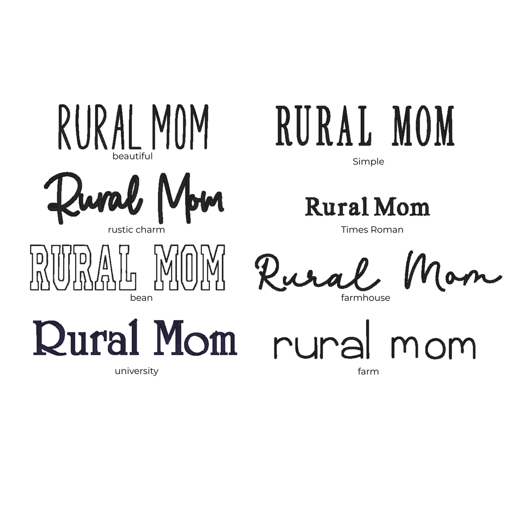 Various fonts and styles of the text 'Rural Mom' on a white background