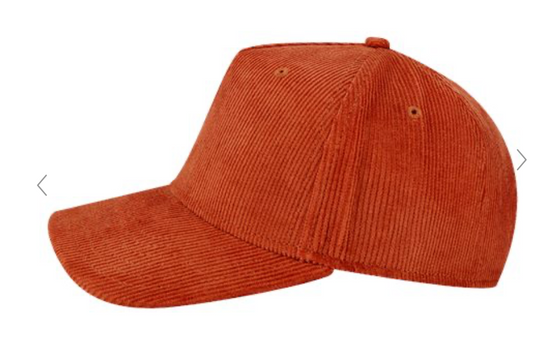 Two corduroy baseball caps shown side by side in a split-screen layout. The left cap is medium blue with a black embroidered floral design, and the right cap is white with a black embroidered windmill design.