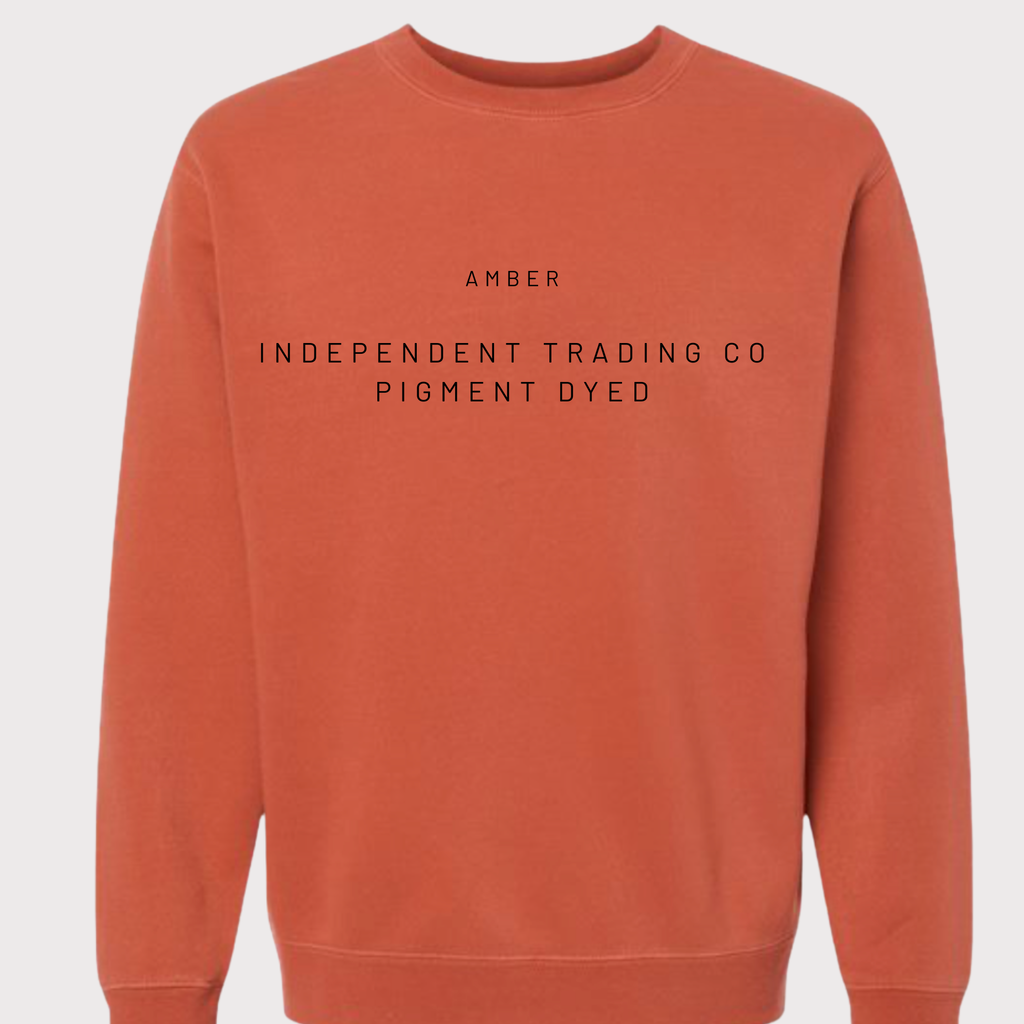 Orange sweatshirt with black text on a white background