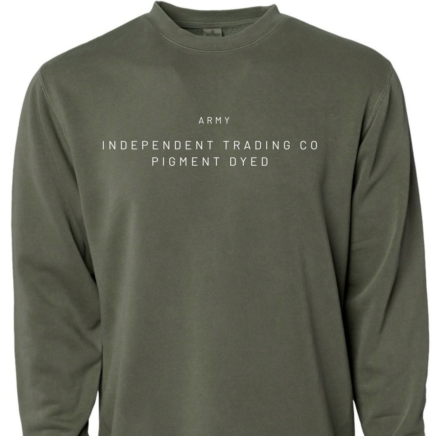 Green long-sleeve shirt with text on a white background