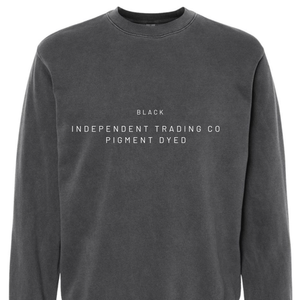 Dark gray sweatshirt with white text on a white background