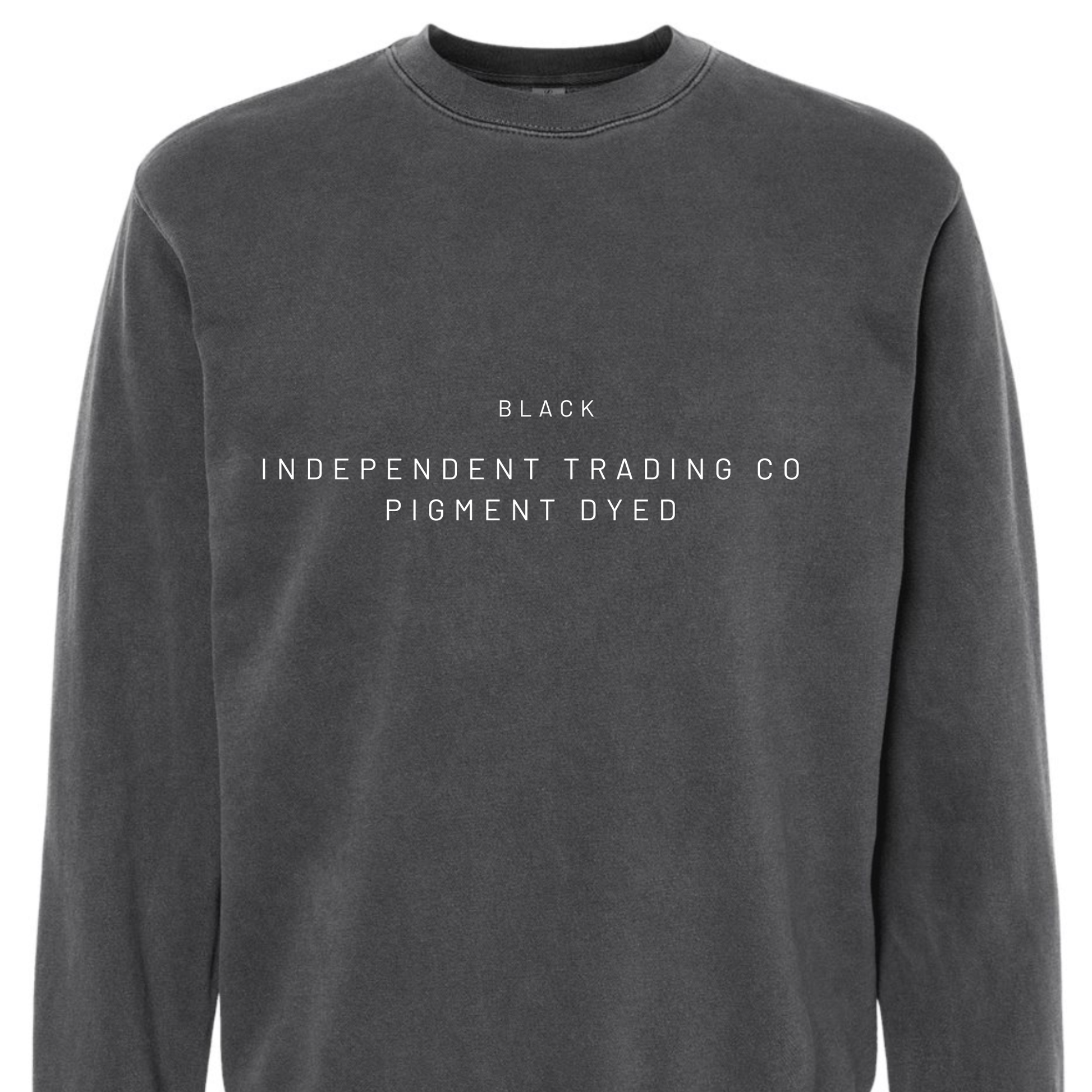 Dark gray sweatshirt with white text on a white background