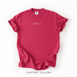Red t-shirt with 'CHILI' text on a white background