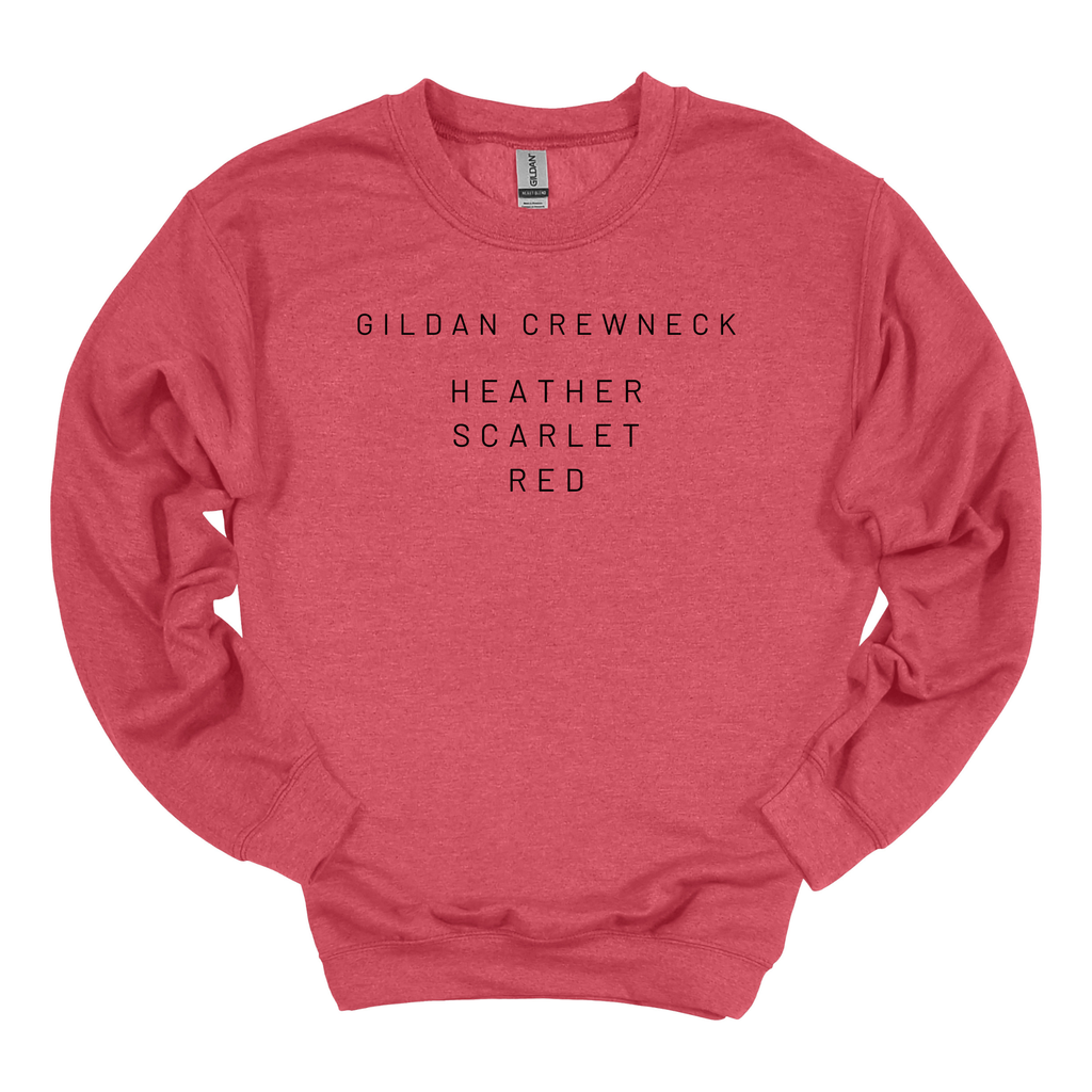 Red sweatshirt with 'Gildan Crewneck Heather Scarlet Red' text on a white background