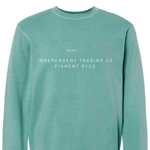 Teal sweatshirt with white text on a white background