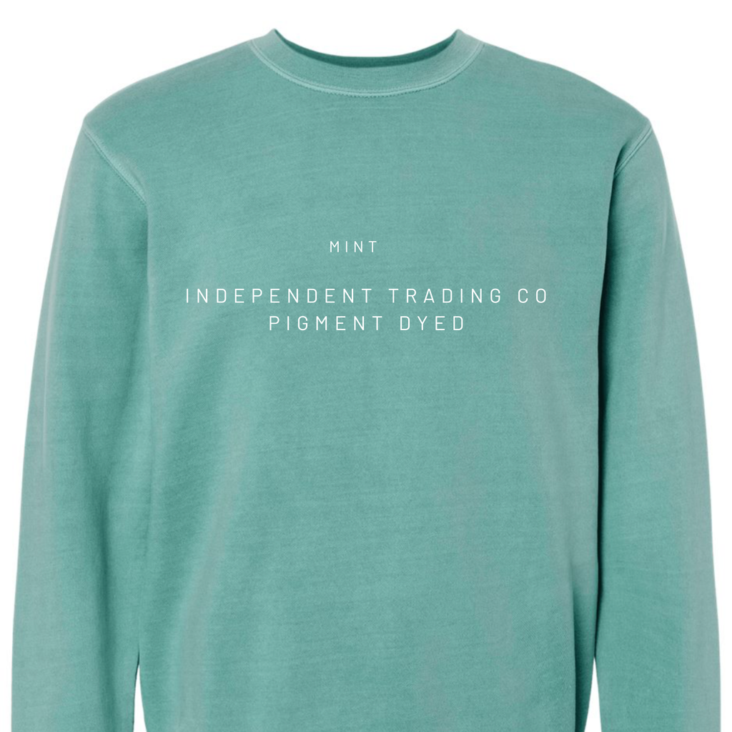 Teal sweatshirt with white text on a white background