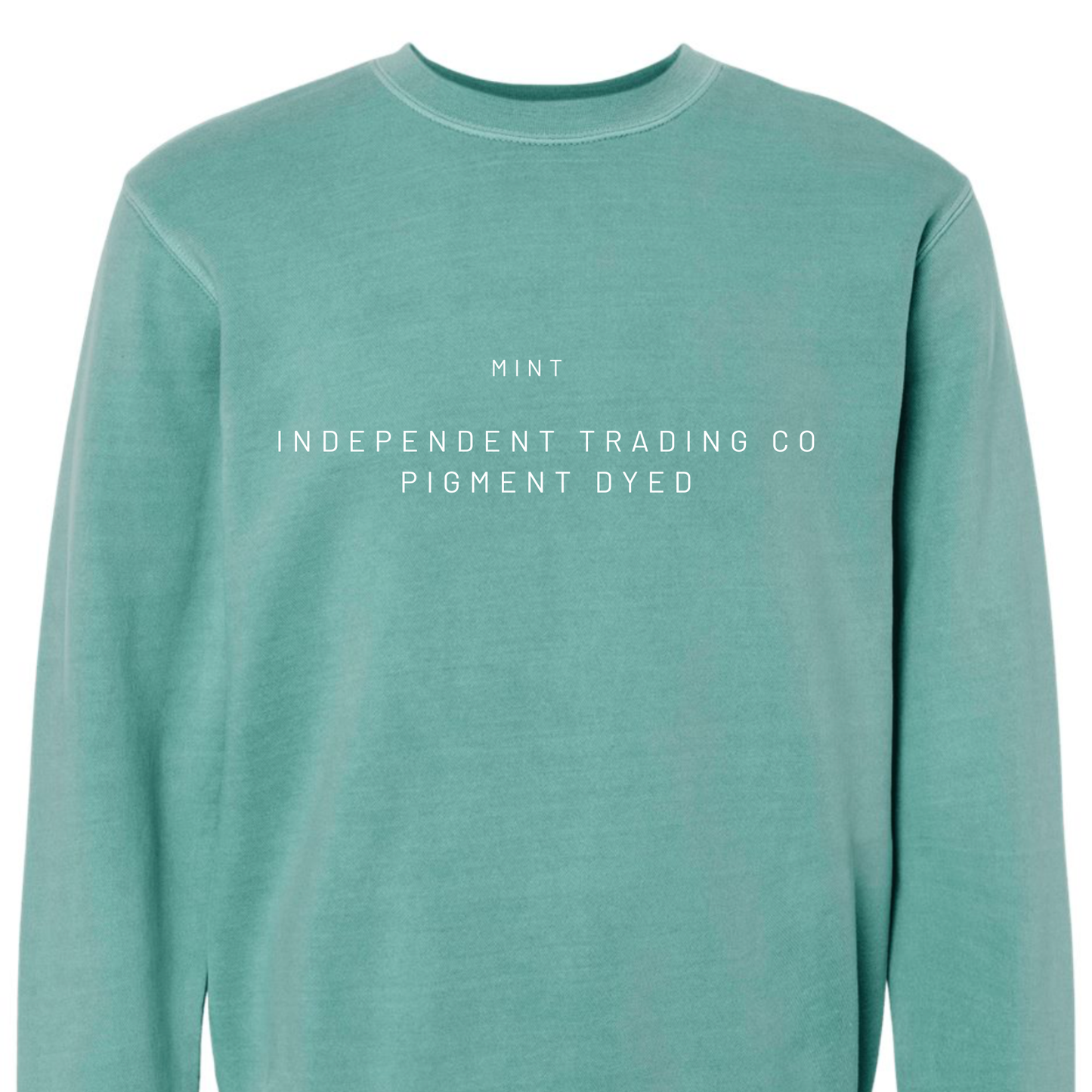 Teal sweatshirt with white text on a white background