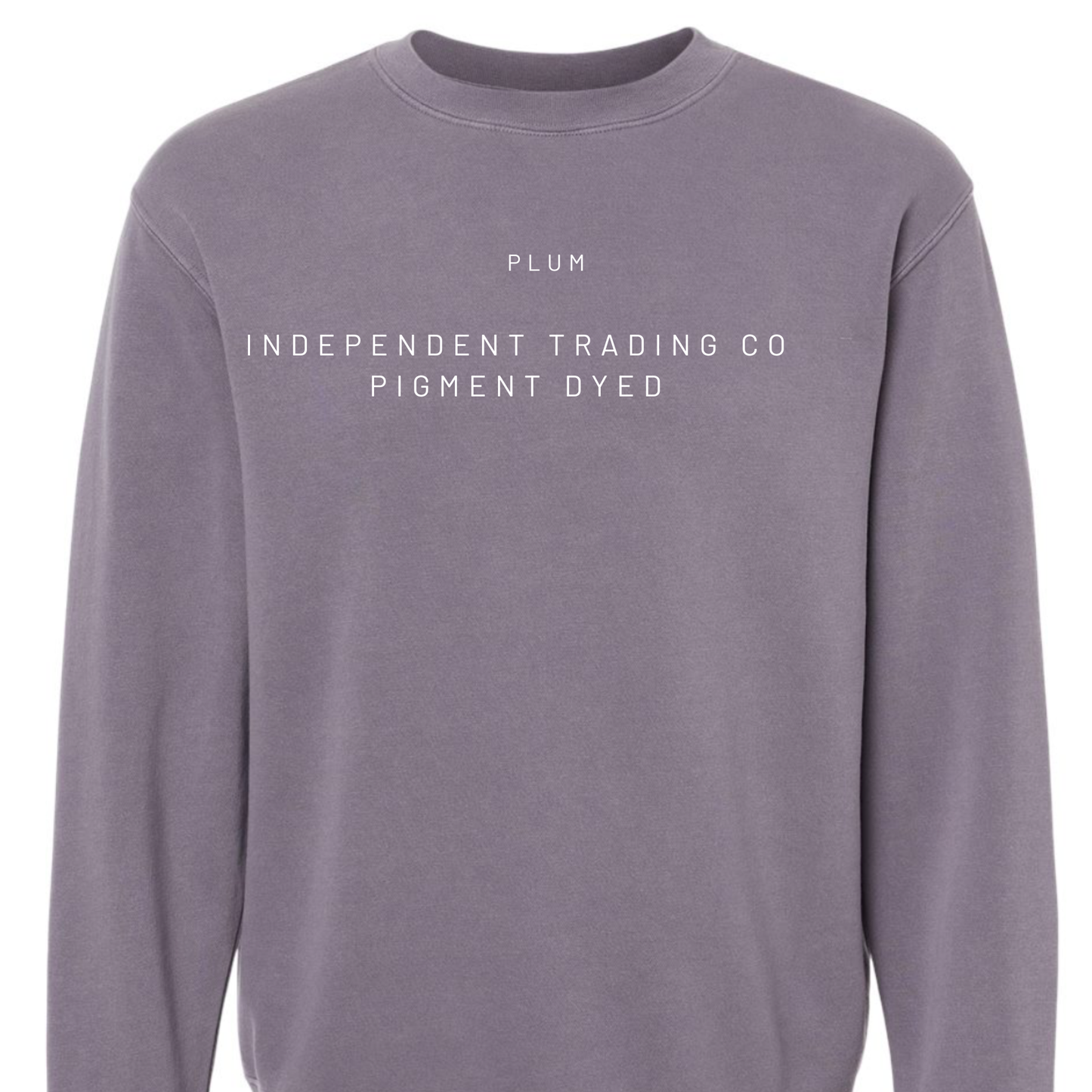 Purple sweatshirt with white text on a white background