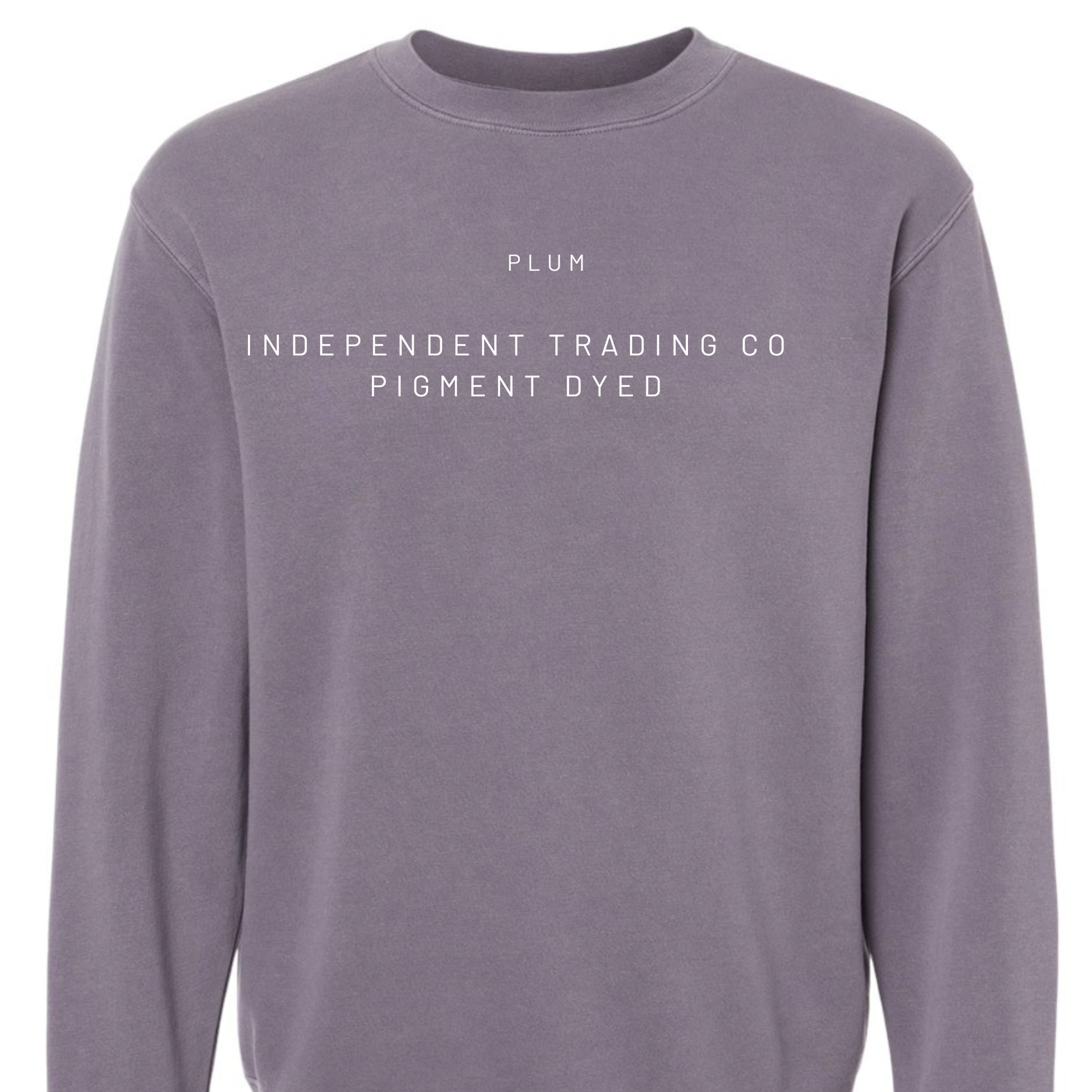 Purple sweatshirt with white text on a white background