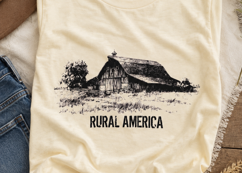 A cream-colored t-shirt with a black graphic of a barn and the text 'RURAL AMERICA', styled in a flat-lay with jeans, a hat, and dried wheat on a wooden surface.