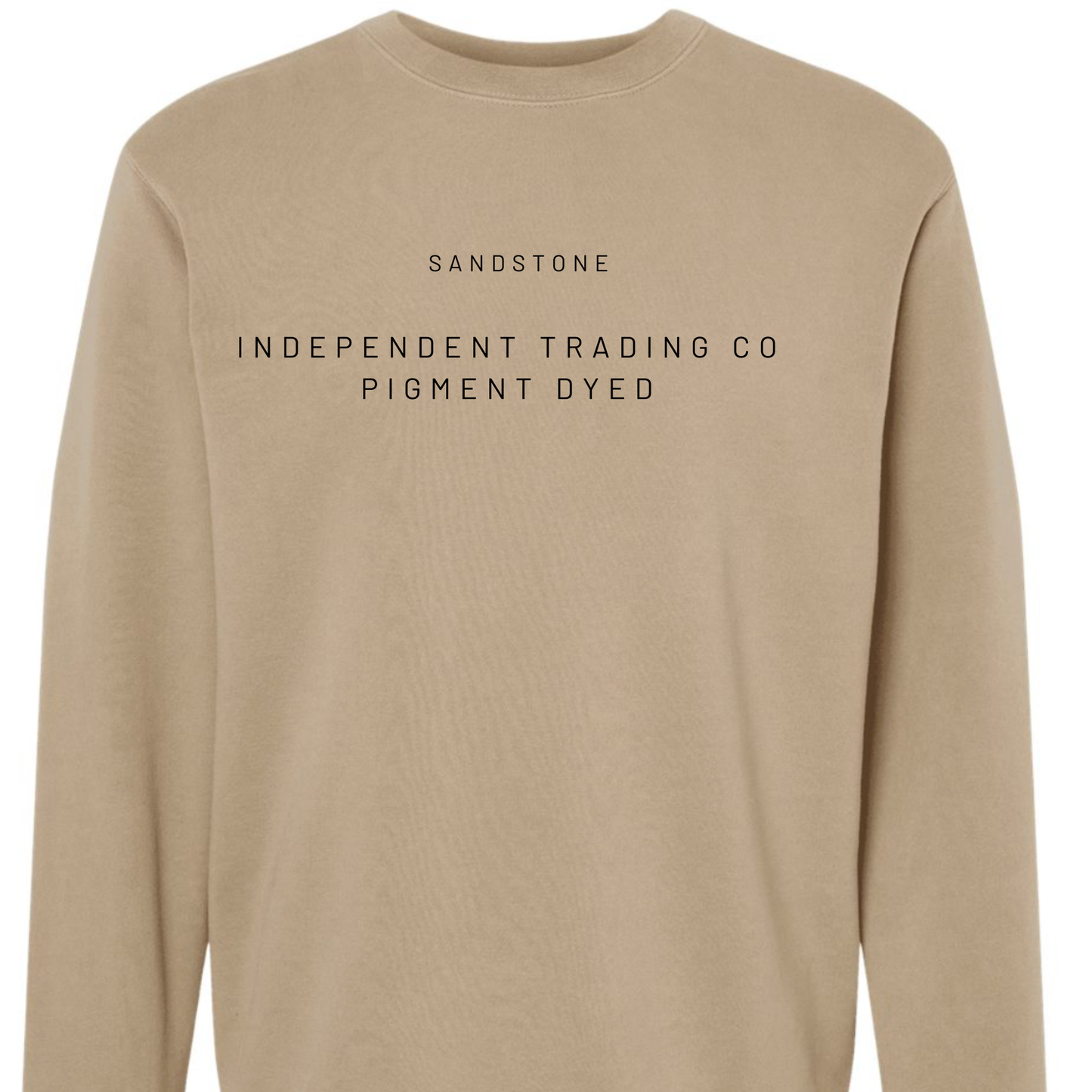 Beige sweatshirt with text on a white background