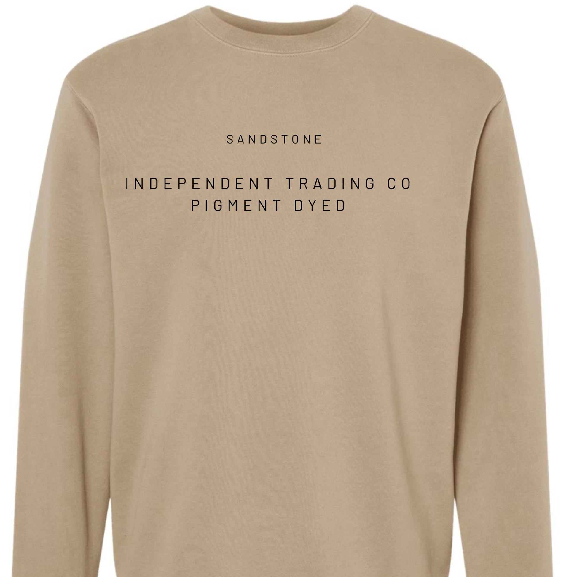 Beige sweatshirt with text on a white background