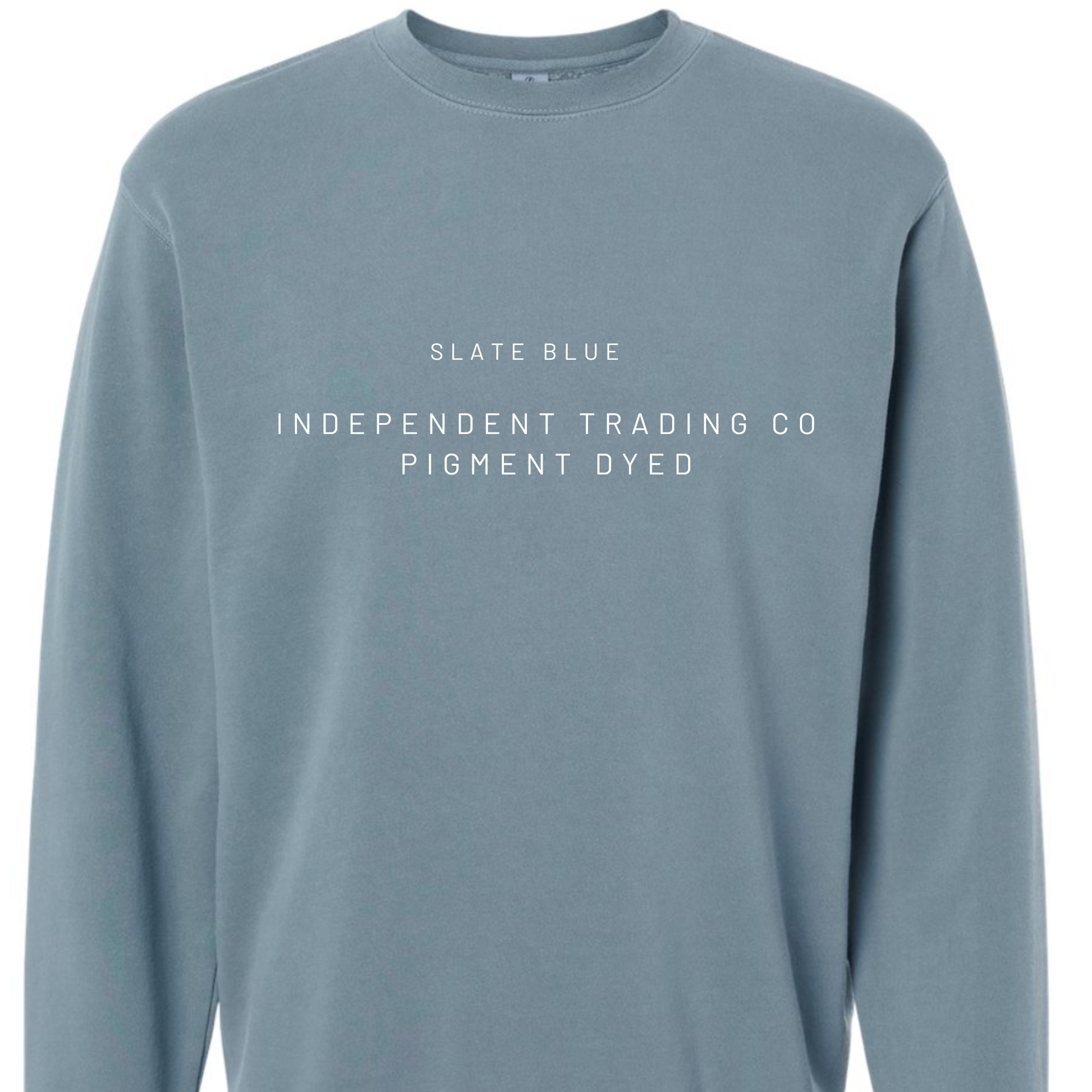 Slate blue long-sleeve shirt with white text on a white background