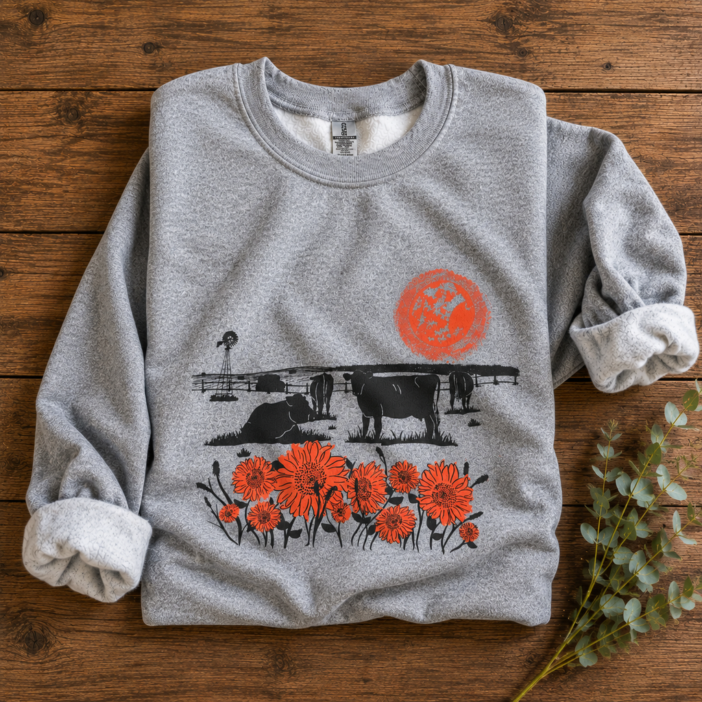 A heather gray long-sleeve sweatshirt laid flat on a rustic wooden surface, featuring a graphic print of black cows, red flowers, a red sun, and a small figure near a fence. The sleeves are rolled up, and a sprig of greenery sits to the right.