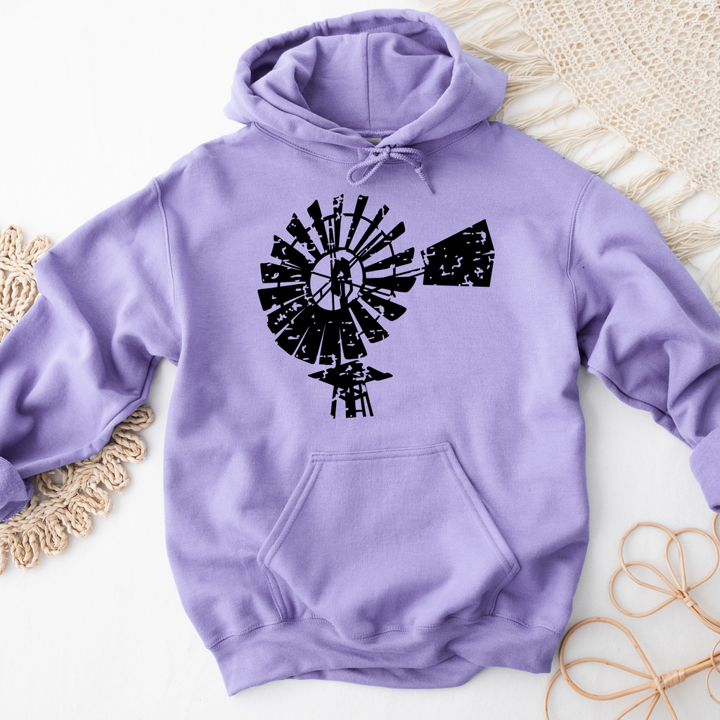 A purple hooded sweatshirt with a black and white printed windmill design on the front.